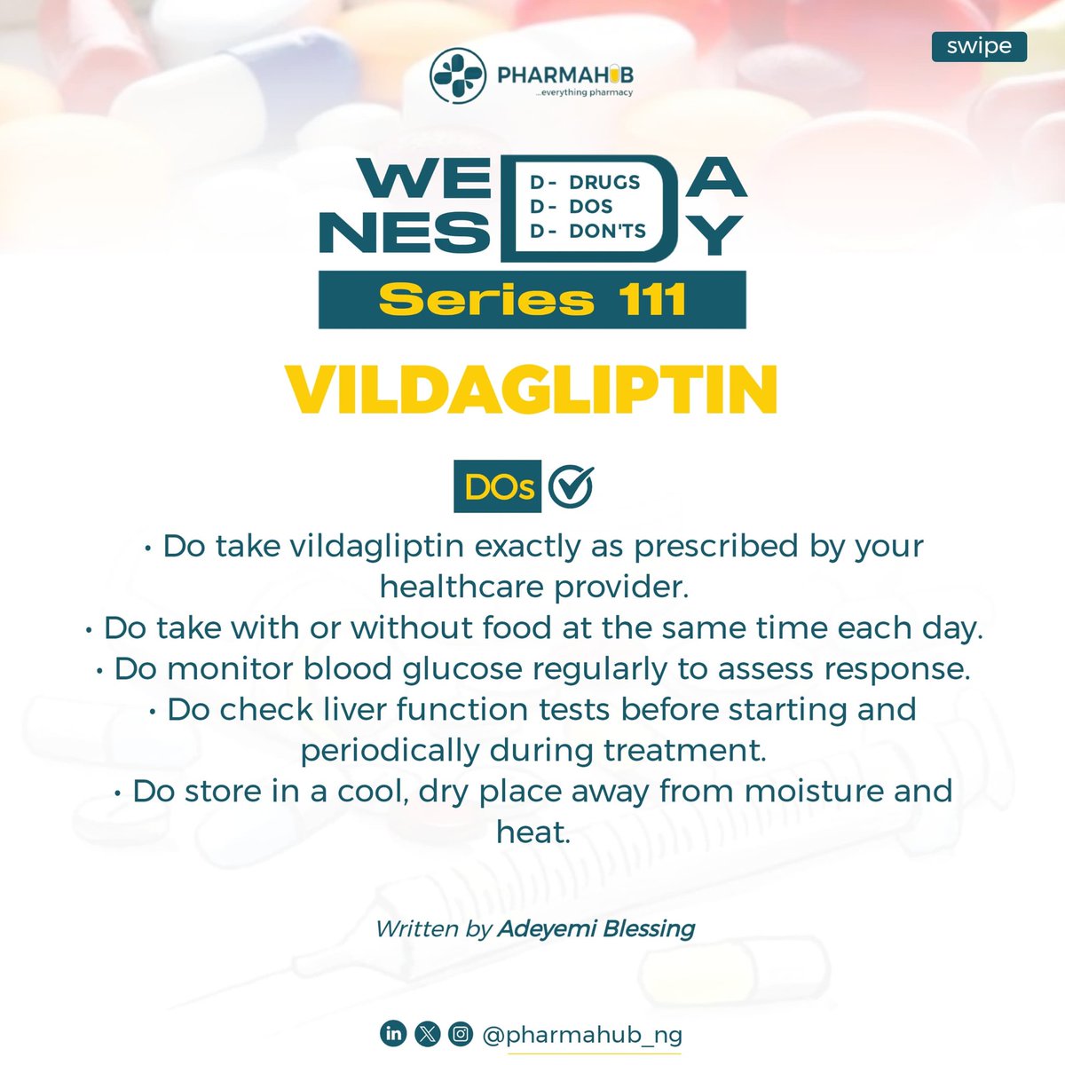 pharmahub_NG's tweet photo. #Vildagliptin 
💊 VILDAGLIPTIN — Health Tips for Patients
(Also known as Galvus® | DPP-4 Inhibitor | Type 2 Diabetes)

🔬 How It Works: Vildagliptin blocks the DPP-4 enzyme that destroys incretin hormones (GLP-1 & GIP). This stimulates insulin release only when blood sugar is high and reduces glucagon — lowering both fasting and post-meal glucose levels, with a low risk of hypoglycaemia.

✅ HEALTH TIPS:
1. Take at the same time daily — 50 mg once or twice daily. If once daily, take in the morning. If twice daily, take morning and evening.
2. Flexible with meals — Can be taken before, during, or after food. Swallow whole with a glass of water.
3. Missed a dose? Take it as soon as you remember that same day. If it's almost time for the next dose, skip and continue. Never double up.
4. Stay well hydrated — Drink adequate water daily. If you are vomiting or have diarrhoea, contact your doctor — they may advise you to pause the medicine temporarily.
5. Limit alcohol — Alcohol can unpredictably affect blood sugar and increase side effect risk, especially nausea and dizziness.
6. Know hypoglycaemia signs — Low risk with vildagliptin alone, but higher risk when combined with sulfonylureas or insulin. Carry a sugary snack. Signs: cold sweats, shakiness, dizziness, confusion.
7. Weight-neutral advantage — Does not cause weight gain and may modestly reduce weight. A good option for overweight patients.
8. Liver monitoring is mandatory — Check liver function tests (LFTs) before starting, every 3 months in year 1, then periodically. Report yellowing of eyes/skin or dark urine immediately.
9. Not safe in pregnancy or breastfeeding — Inform your doctor immediately if you are pregnant or planning to be.
10. Diet & exercise remain the foundation — Vildagliptin works best alongside a healthy lifestyle. No medication alone replaces good habits.

⚠️ Common Side Effects: Nasopharyngitis (cold symptoms) · Dizziness · Nausea · Joint pain · Rare liver enzyme elevation · Upper respiratory symptoms
🚫 Do NOT use if you have: Type 1 diabetes · DKA · Severe liver disease · Pregnancy/breastfeeding · Severe heart failure (NYHA III–IV) · History of angioedema from gliptins
📋 Monitor regularly: Blood glucose · HbA1c (3–6 monthly) · LFTs · Renal function (eGFR) · Blood pressure & weight
⚕️ For educational purposes only. Always follow your doctor's or pharmacist's instructions.
https://t.co/Yz9sT4py4D ©️PharmahubNG