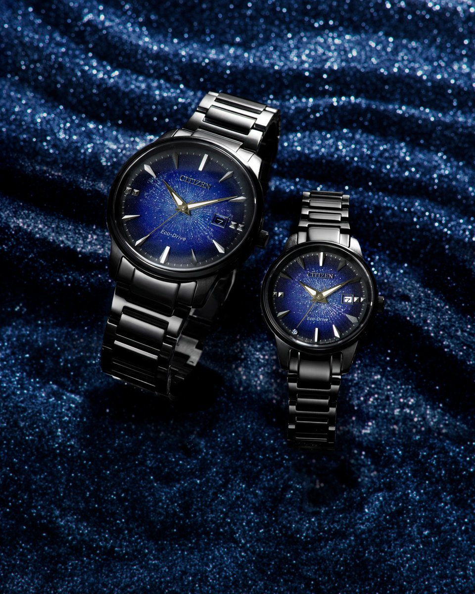 WatchesCitizen's tweet photo. ✨ CITIZEN Romantic Starry Night – Couple watches with deep blue dials, all-black cases, date display, and a subtle diamond accent for her. Celebrate lasting light, shared moments, and winter romance #EcoDrive https://t.co/g3zAvM4gg9
