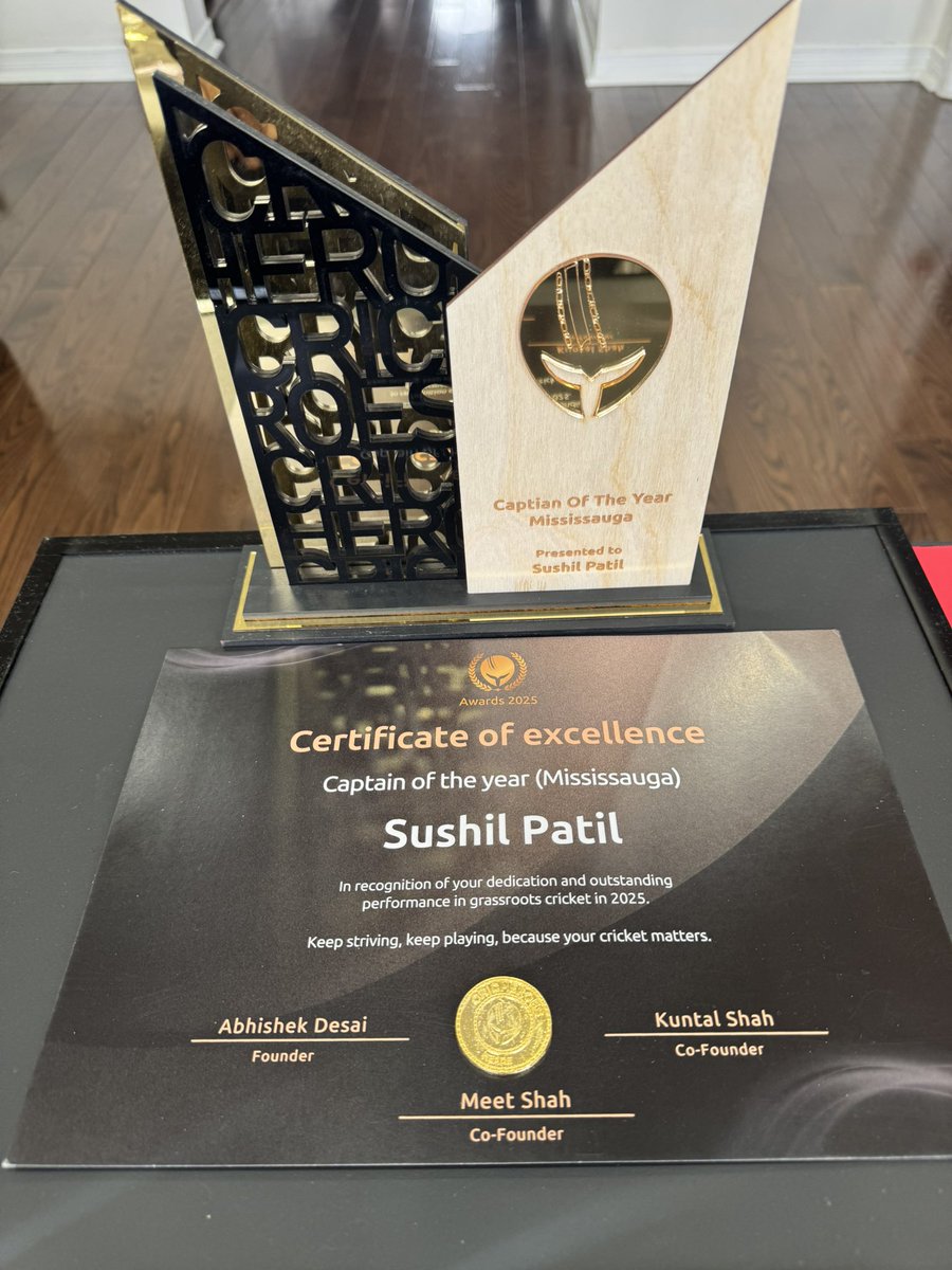 sushilbpatil's tweet photo. Honored to receive Captain of the Year 2025 from CricHeroes 🏆 @CricHeroes 

Grateful for the recognition and proud of my team 🤟🏻💪
@ImRo45 @sachin_rt @imVkohli 
#Torontocricket #Cricket #Captain #Cricket https://t.co/YC6dAkl1Qj