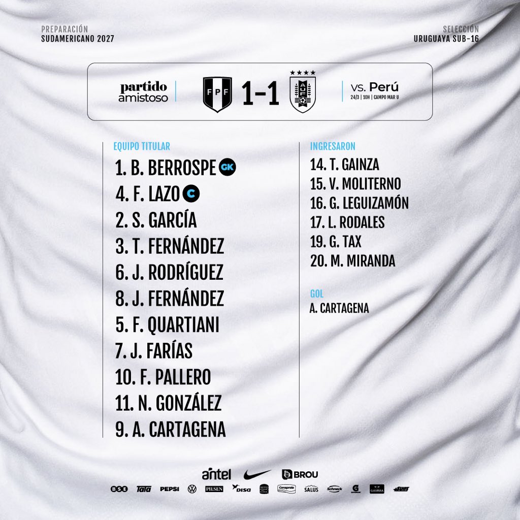 Uruguay's tweet photo. Empate de la 𝘀𝘂𝗯-𝟭𝟲 en el primer amistoso de visita ante Perú. El jueves será la revancha ⛔️ https://t.co/ReyaHiIwQL