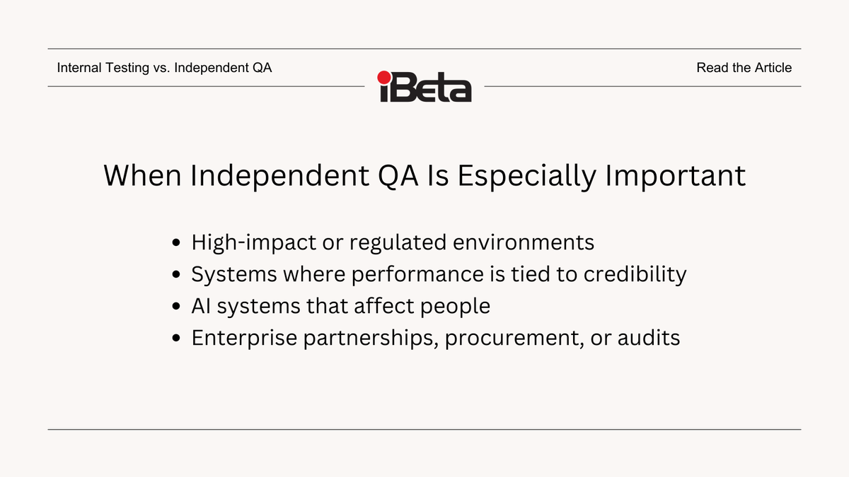 iBetaQA's tweet image. Testing inside the team is important. Testing outside the team adds perspective.

Independent QA introduces distance, and distance can reveal risks that proximity hides.
#QualityAssurance #SoftwareTesting
ibeta.com/internal-testi…