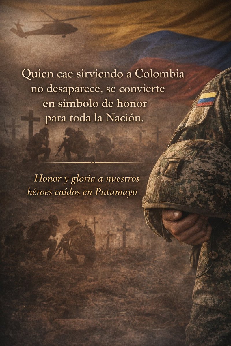 TataHernandezU's tweet image. Quien cae sirviendo a Colombia no desaparece, se convierte en símbolo de honor para toda la Nación.
Honor y gloria a nuestros héroes caídos en Putumayo.🙏🏼🇨🇴

#honor #gloria #colombia #patria #soldado