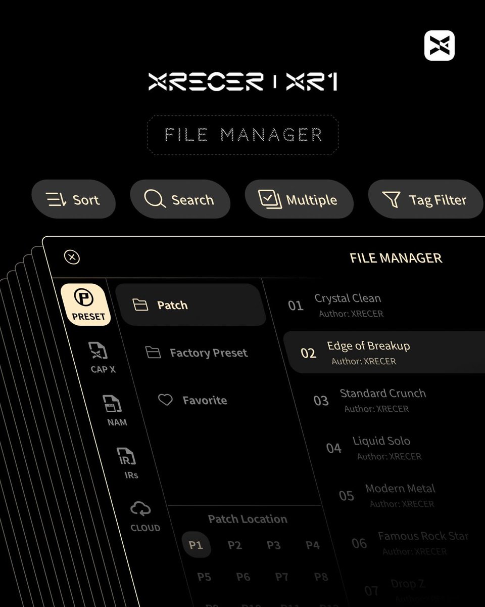 XRecerOfficial's tweet photo. Introducing the File Manager.
With 100 patches and 16 slots each, the XR1 File Manager gives you 1,600 preset slots to manage your tone libraries.
Effortlessly import, export, and back up presets, captures, and IRs in one place.
Organize your storage faster and smarter than ever. https://t.co/J2487n8Grd
