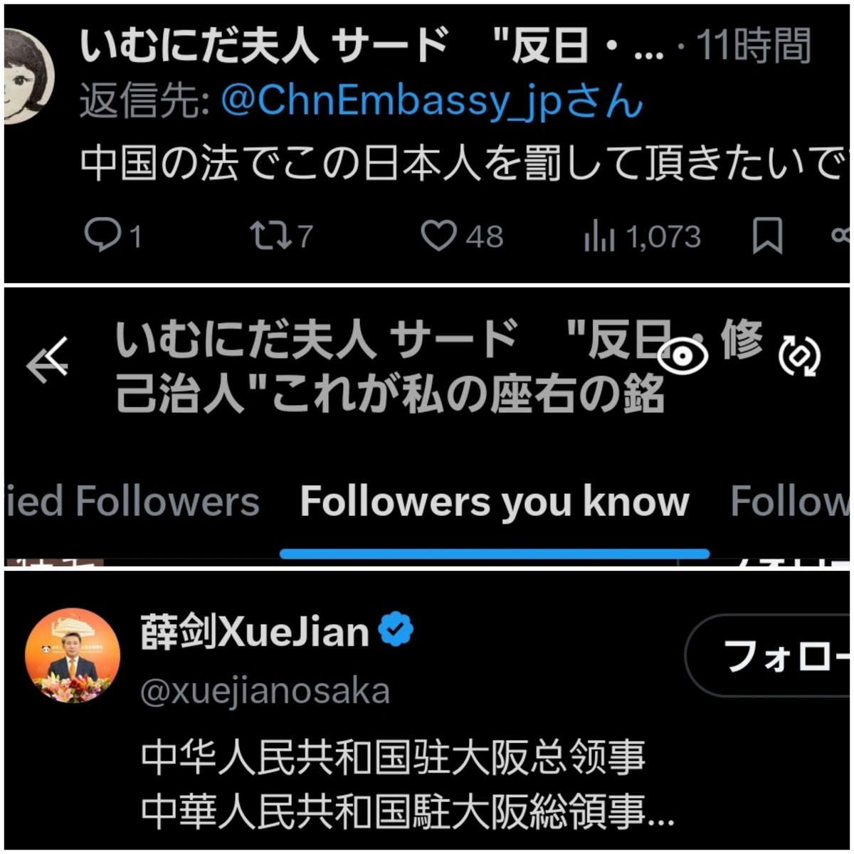 中国大使館のコメント欄で謝罪しているアカウントが、中国大阪総領事をフォローしていることを確認した。
中国側のナラティブを踏襲したコメントが散見される。