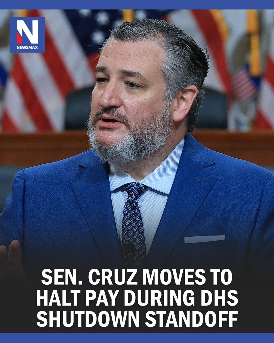NEWSMAX's tweet photo. Sen. Ted Cruz announced he has asked the Senate's financial clerk to withhold his salary for the duration of the Department of Homeland Security shutdown, arguing that members of Congress should not continue receiving pay while front-line federal workers go without. https://t.co/FhBIuU0Rso