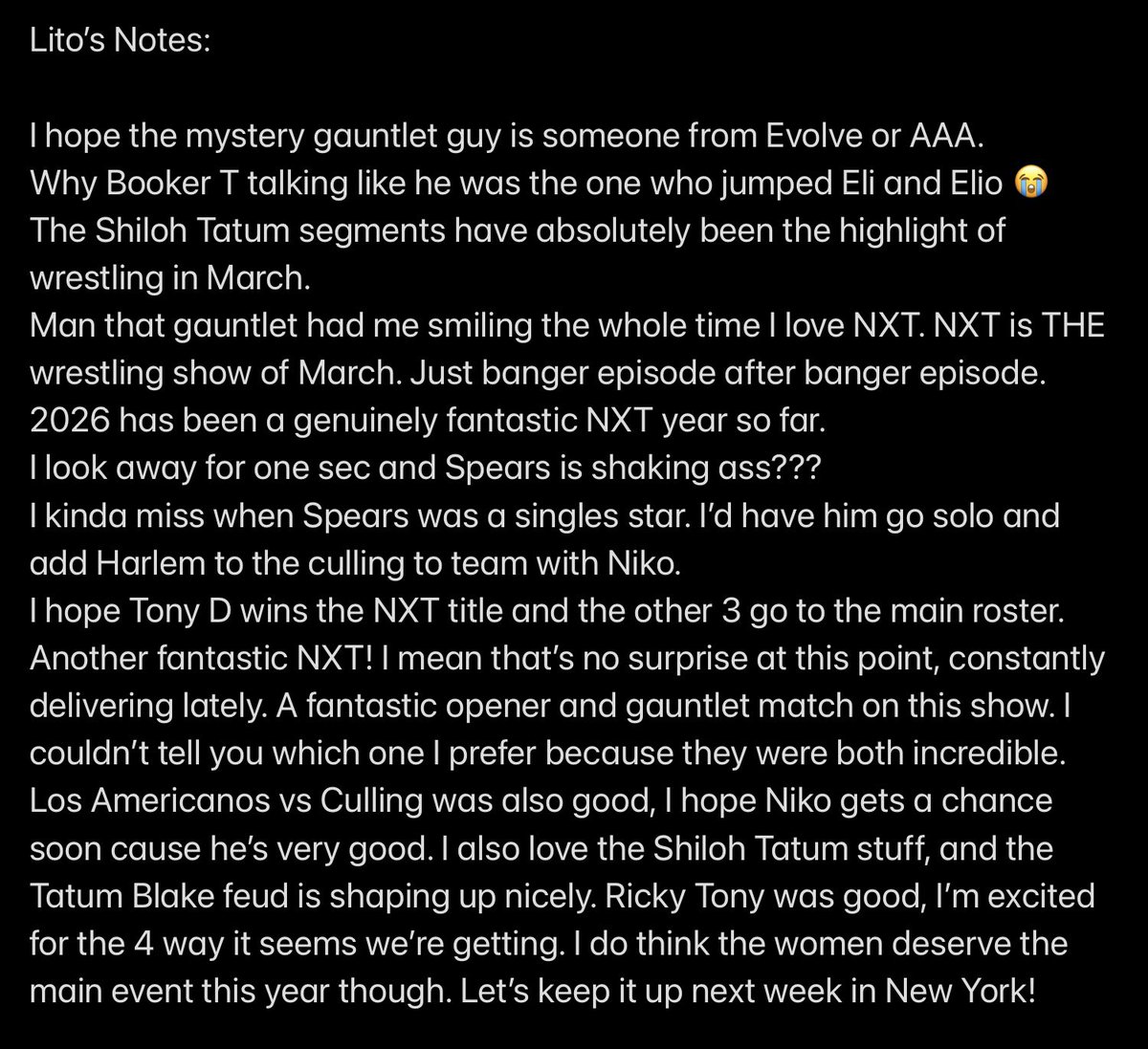LilLito's tweet image. #WWENXT, March 24th. 

Best Match Of The Show: TIE: WrenQCC vs Fatal Influence and the Gauntlet Eliminator Match 
Highlight Of The Night: Shiloh Hill and Tatum Paxley backstage shenanigans

Overall rating: 9.5/10