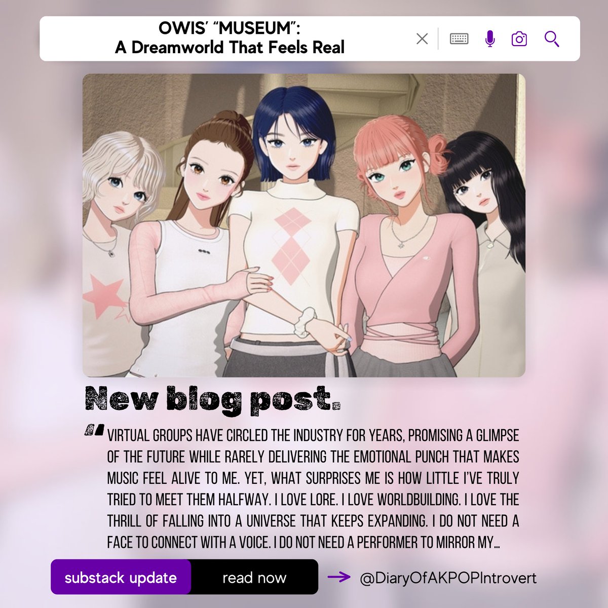 AKPOPIntrovert's tweet image. This marks my first dive into virtual groups, and I think #OWIS crafted something compelling with #MUSEUM. They became the perfect entry point to understand what makes this niche musical corner worth checking out. diaryofakpopintrovert.substack.com/p/owis-museum-… #Debut #KPop #VirtualGroup #NewMusic