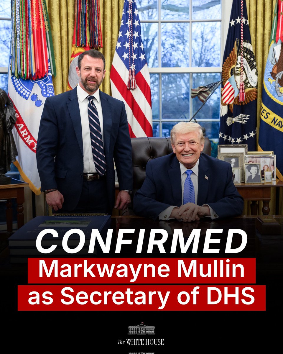 lifedoings's tweet photo. CONFIRMED

Markwayne Mullin has officially been confirmed by the Senate as Secretary of the Department of Homeland Security. 🇺🇸 https://t.co/uf24UEUuzg