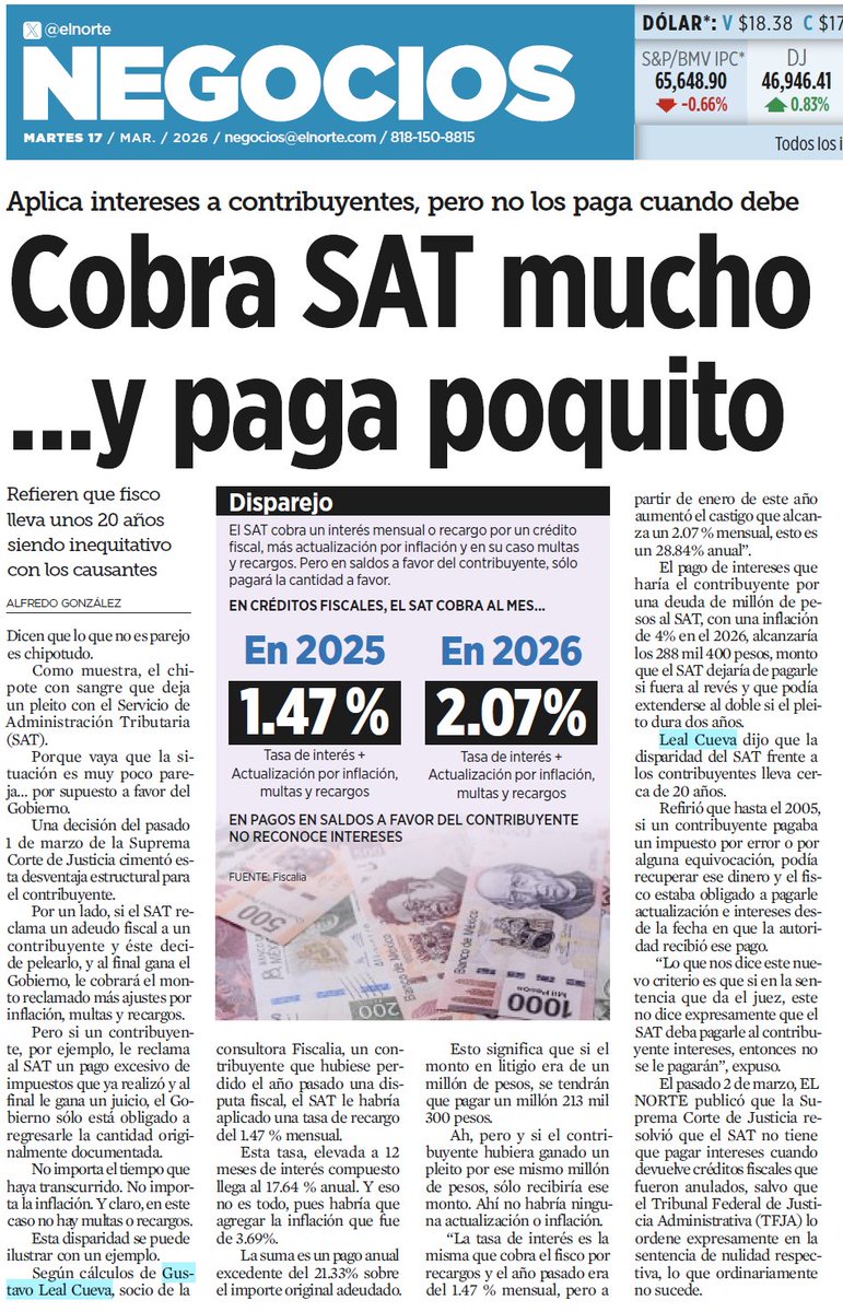 Comparto entrevista para El Norte sobre la asimetría en el cobro y pago de intereses por parte del SAT.
Un tema técnico, pero con implicaciones relevantes para los contribuyentes.