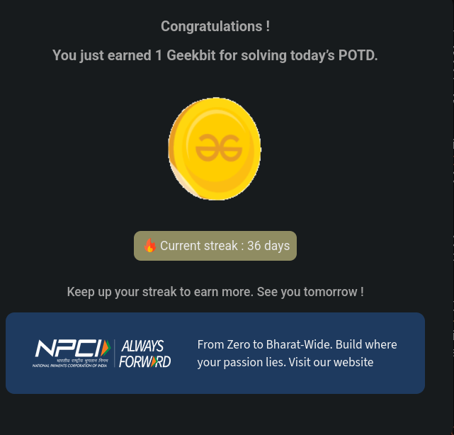 Harshit42077's tweet photo. Day 36 of 60 day code challenge consistency 💻🔥
Still learning, still growing, still not giving up.
Every problem solved is one step closer to the goal. 🚀
And great thank you to @geeksforgeeks and @NPCI_NPCI for this support !
#geekstreak60
#npci
#DSA https://t.co/8iwe9U0Rb5