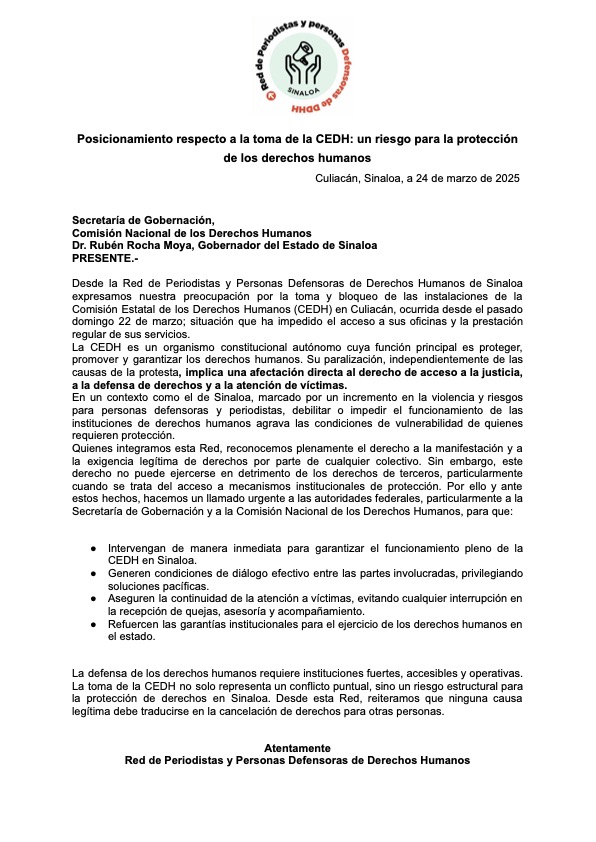 La Red de Periodistas de Sinaloa manifestó su profunda preocupación ante la toma y el bloqueo de las instalaciones de la CEDH en #Culiacán, advirtiendo que esta situación representa un riesgo crítico para la protección de las garantías fundamentales en la entidad.

👉