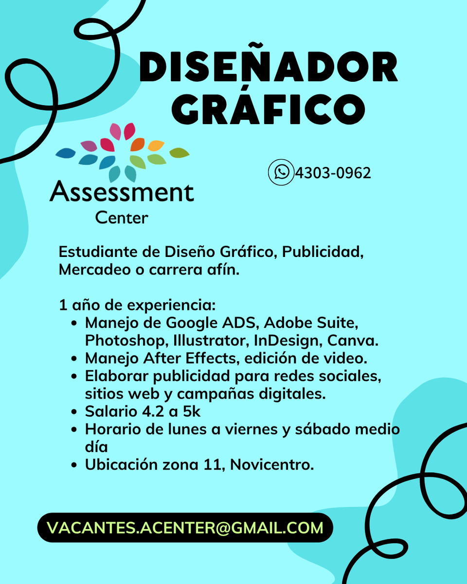 AssessmentC's tweet photo. ✅ 𝐃𝐈𝐒𝐄𝐍̃𝐀𝐃𝐎𝐑 𝐆𝐑𝐀́𝐅𝐈𝐂𝐎
📩 vacantes.acenter@gmail.com
📌 Ubicación zona 11 #Novicentro
📌DM @AssessmentC
📞 4303-0962
WTS https://t.co/TcWf3G45Iz
#PlazasVacantes #Personal #Empleo #RRHH #OportunidadLaboral #Trabajo #TrabajoSiHay #AssessmentCenter #MartesDeLectura https://t.co/1FD46Dt0Jv
