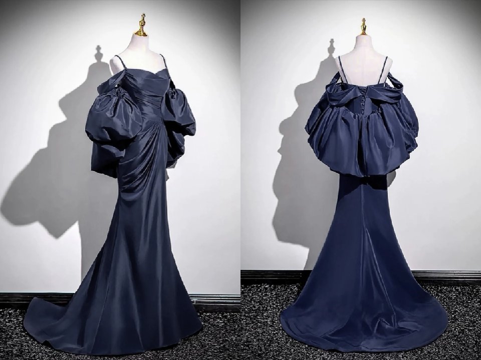 A Line V Neck Satin Puff Sleeves Sweep Train Dark Blue Prom Dress