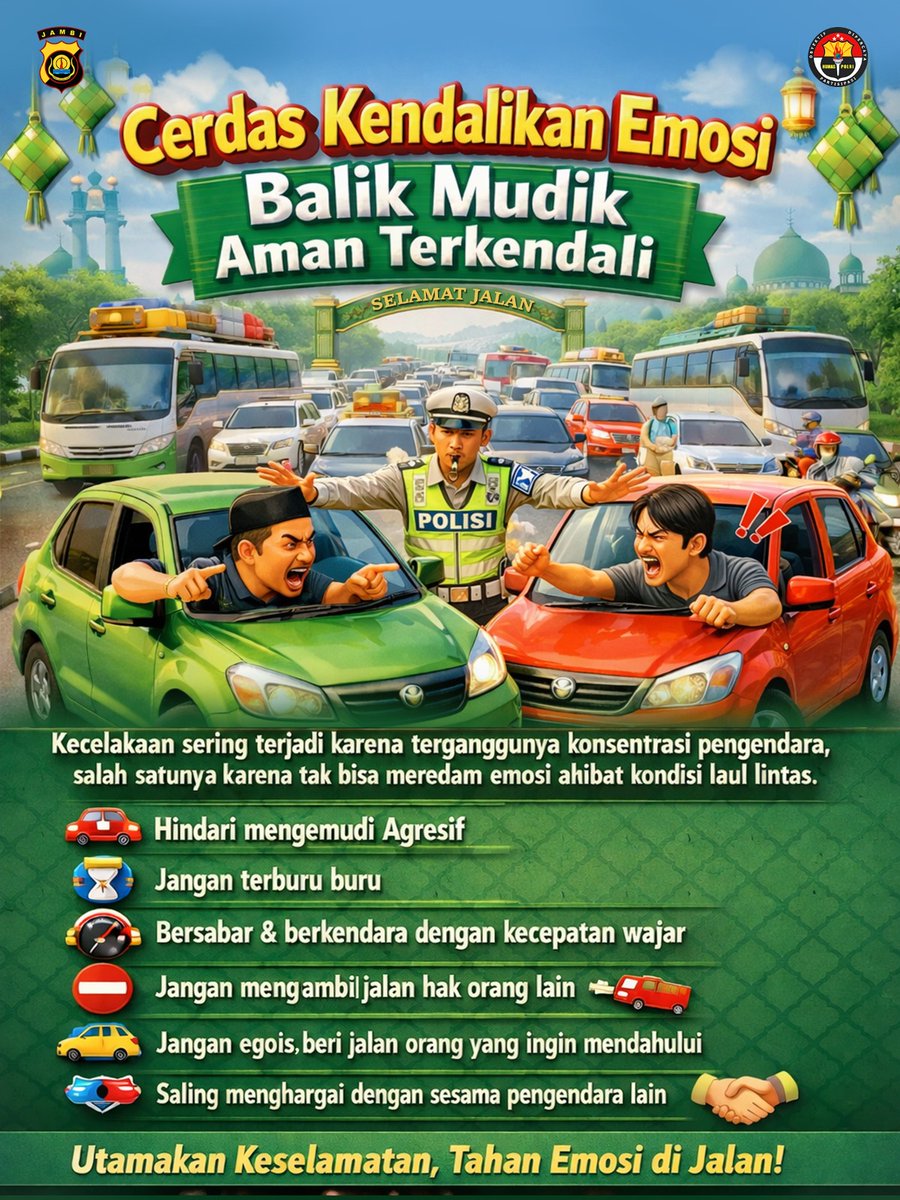 polda_jambi's tweet image. Cerdas Kendalikan Emosi
Balik Mudik Aman Terkendali

Kecelakaan sering terjadi karena terganggunya konsentrasi pengendara, 
salah satunya karena tak bisa meredam emosi akibat kondisi lalu lintas 

#poldajambi #kapoldajambi #lebaran
