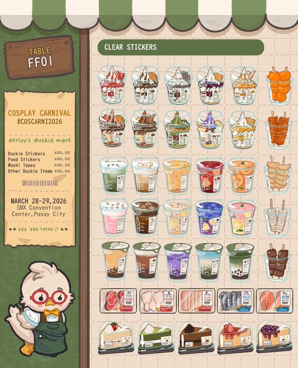 [1/3] 🐣🛒Duckie Mart Catalogue for #Coscarni2026! I made new stickers, especially Pokemon ones (since I dont have Pokopia😭)

Will be at ✨✨FF01✨✨
w/ <a href="/jamdii/">jamdii! 💕 Cosplay Carnival #FF01</a> <a href="/jenipei/">Jenipei ㅣ coscarni FF01</a> &amp; <a href="/kaeriruu/">kaeril @ Doujima G26</a> 
📌 SMX Convention Center
🗓️ March 28-29,2026

#FanfairAtCosplayCarnival2026 #CosplayCarnival2026