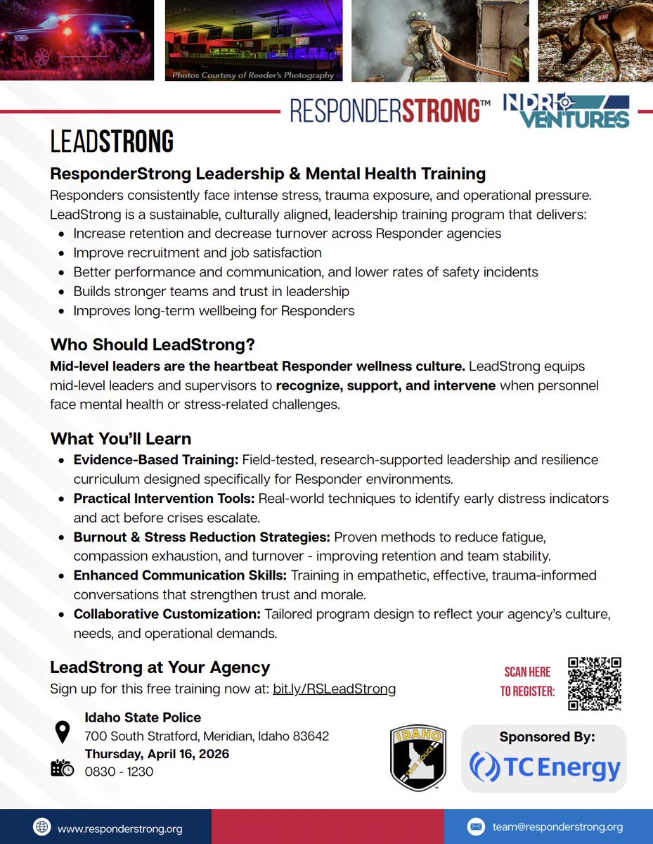 ResponderStrong's tweet photo. Mid-level leaders are where wellness culture lives or dies. LeadStrong equips supervisors to recognize, support, and intervene, before crises escalate. 

FREE training at Idaho State Police, April 16. Register: https://t.co/TxUot6i4eW https://t.co/hrYmSbowz8