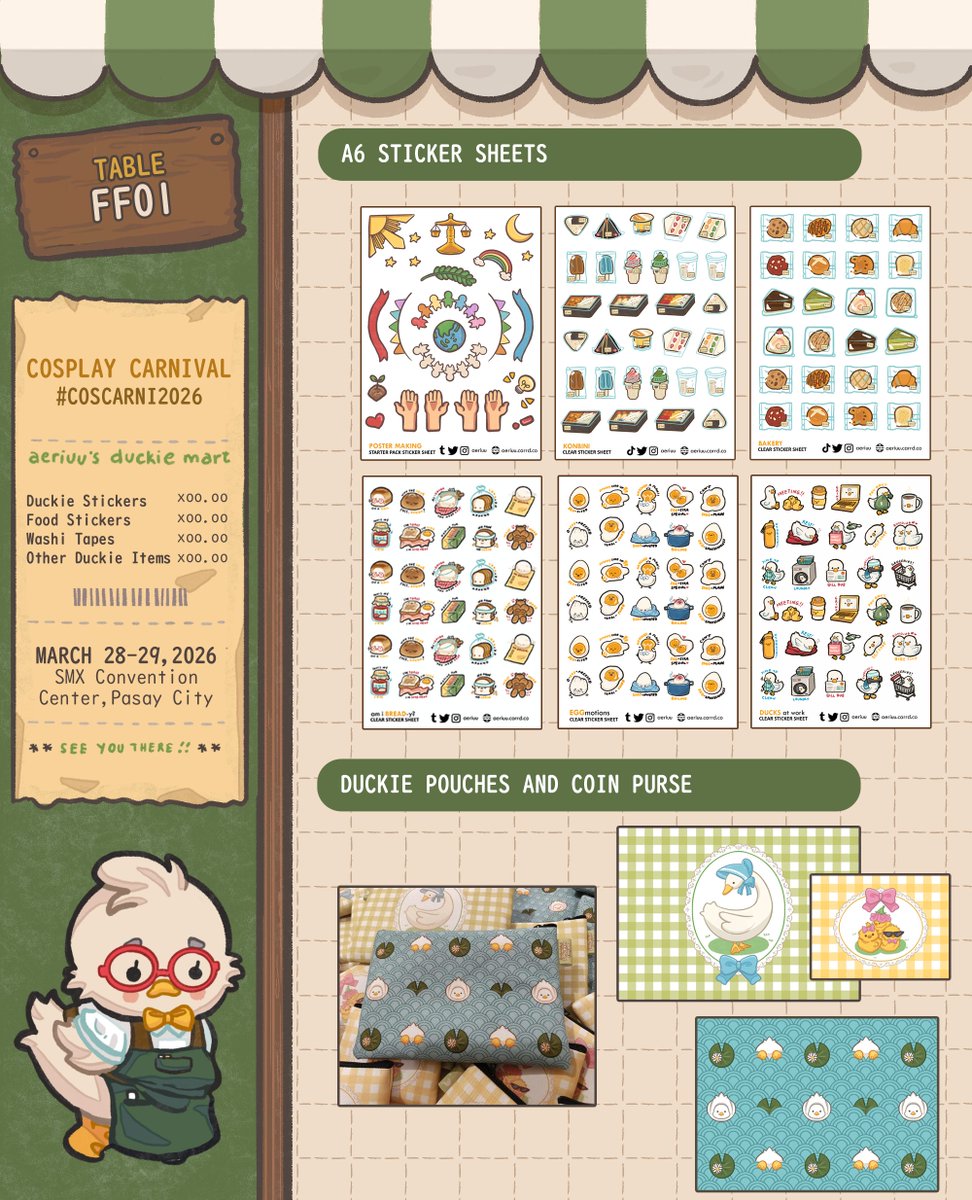 aeriuu's tweet photo. [2/3] 🐣🛒Duckie Mart Catalogue for #Coscarni2026! 

✨✨FF01✨✨
📌 SMX Convention Center
🗓️ March 28-29,2026

#FanfairAtCosplayCarnival2026 #CosplayCarnival2026 #Coscarni https://t.co/fVnqcoU6I0