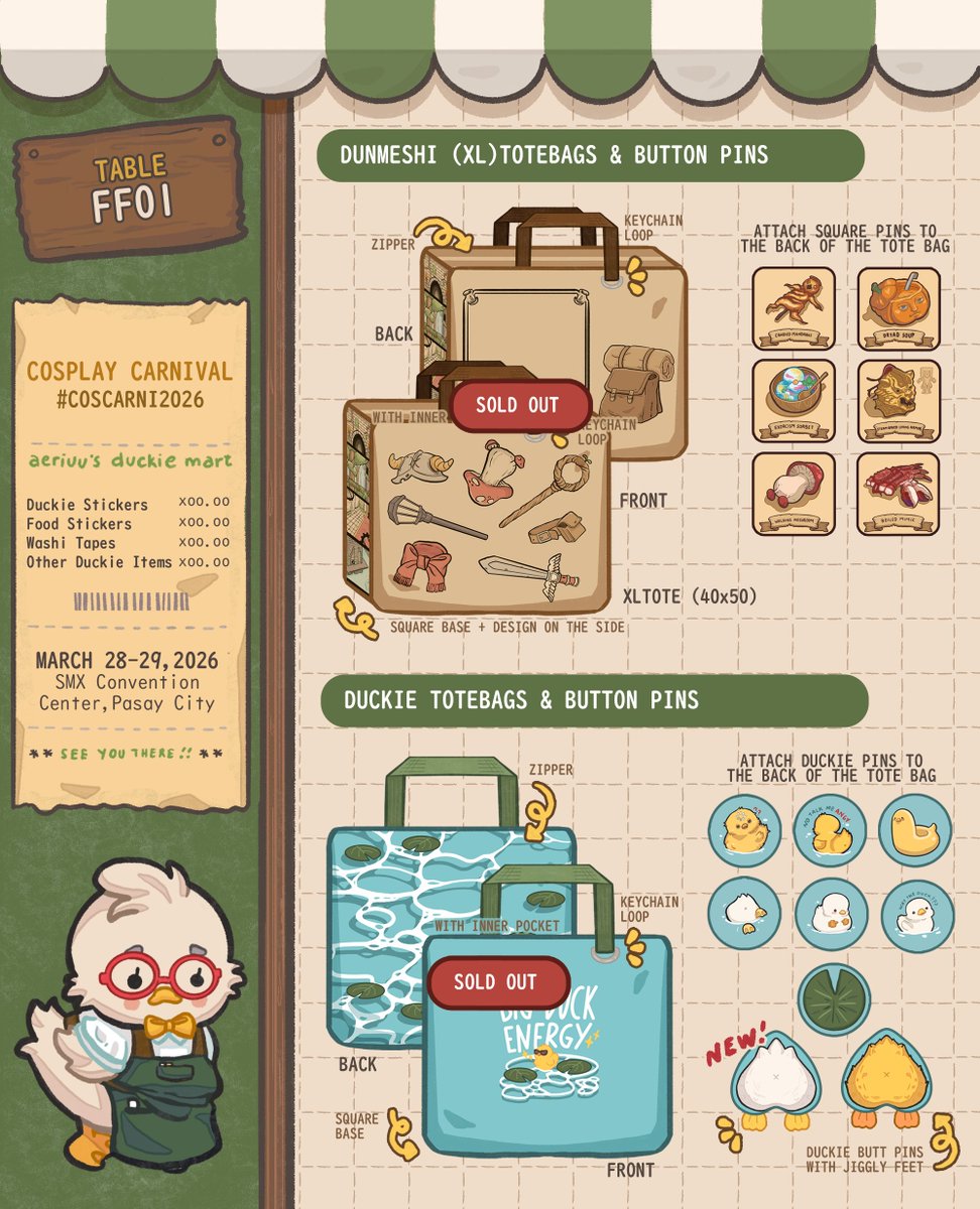 aeriuu's tweet photo. [3/3] 🐣🛒Duckie Mart Catalogue for #Coscarni2026!

✨✨FF01✨✨
📌 SMX Convention Center
🗓️ March 28-29,2026

#FanfairAtCosplayCarnival2026 #CosplayCarnival2026 #Coscarni https://t.co/OcPAp7whLP