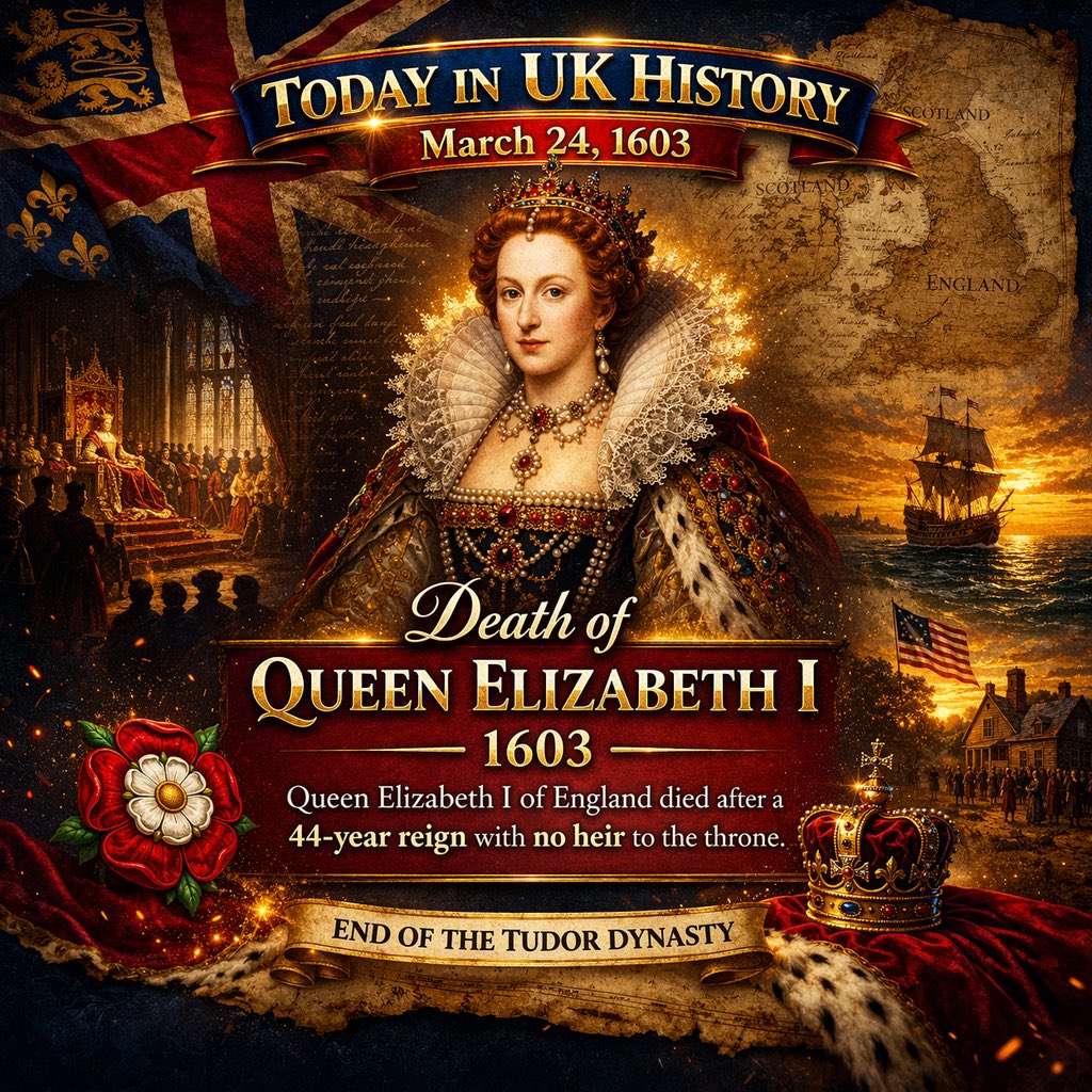 cloochey's tweet image. 👑 Today in UK History — 1603 Death of Queen Elizabeth I 🇬🇧

✨ A historic royal transition that shaped the future of Britain and its global influence.

#TodayInHistory #UKHistory #QueenElizabethI #TudorDynasty #HistoryFacts