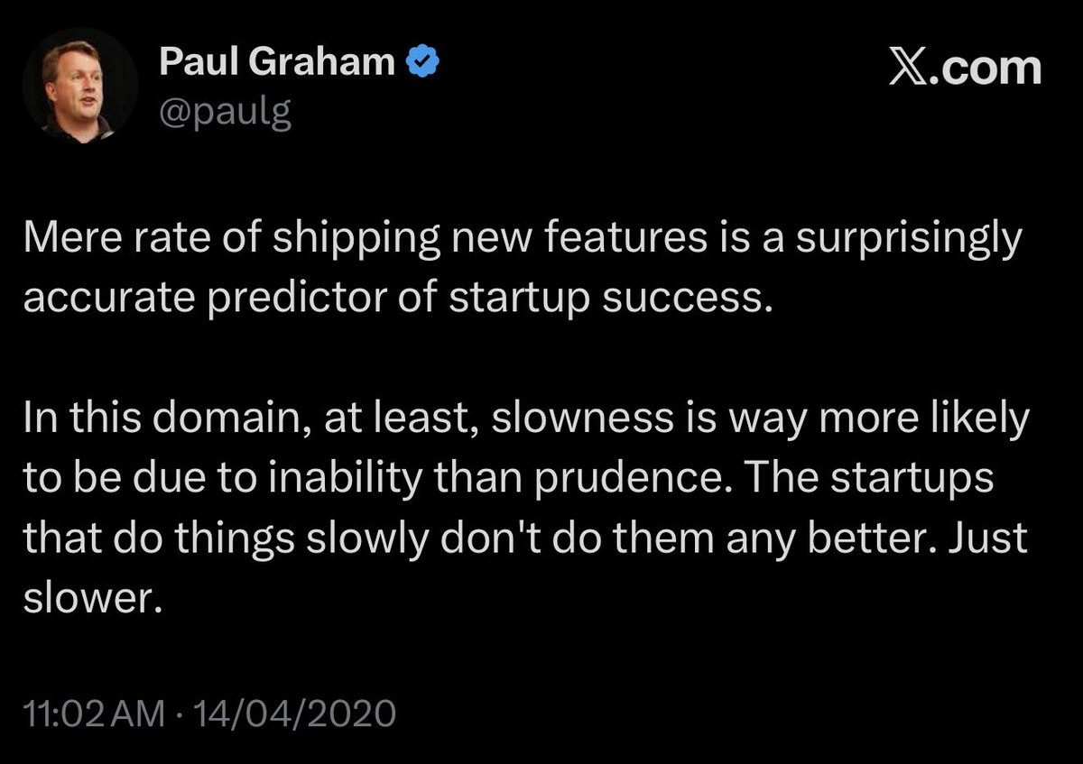 73 releases en 52 días. Demencial la velocidad que manejan.

Estuve un par de días off twitter y es muy loco lo atrás que te sentís en tan poco tiempo.

Un clásico de Paul Graham que se me vino a la mente, y tiene toda la razón: