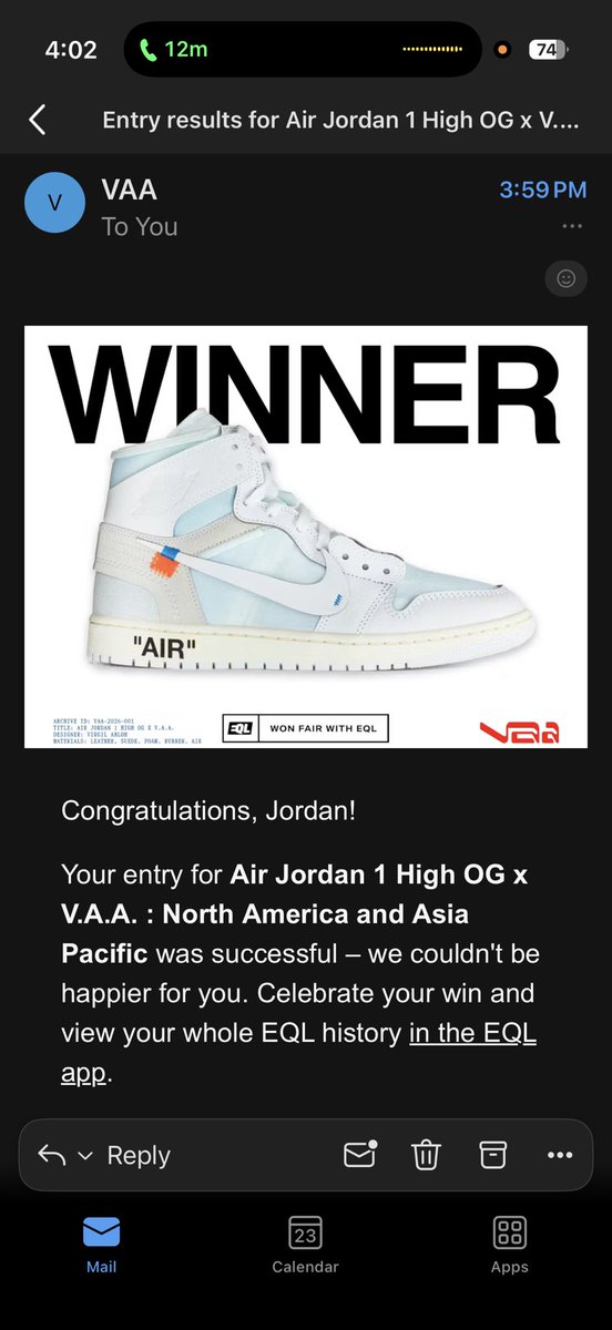 MinsterJordan's tweet photo. Only winning a @virgilabloh can give you the feeling of electricity running thru your veins!

@OffWht @NikeNYC @Nike @nikestore https://t.co/4BZ7Ah1bt8