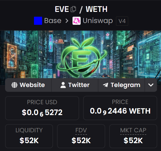 Aped here
$EVE
0xe7d192e52fa418236d6eecf7d5eb38da9dd11ba3