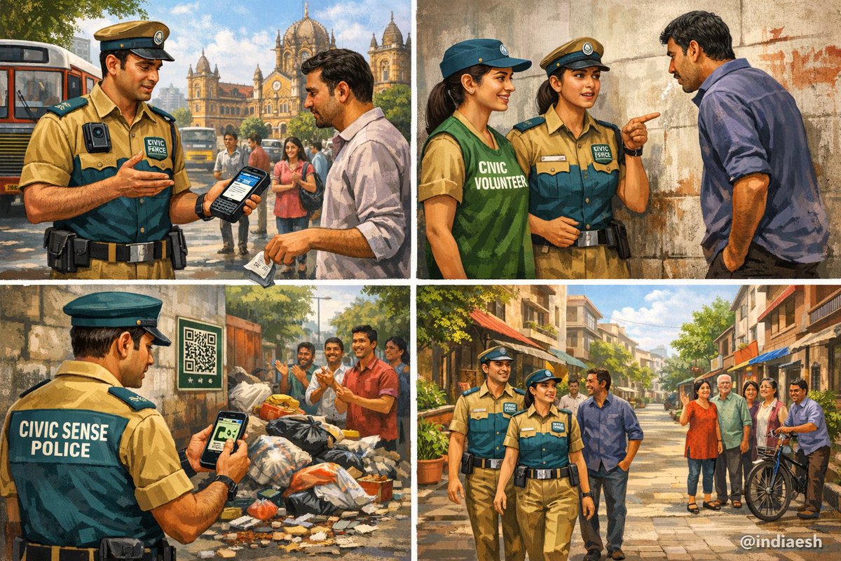 indiaesh's tweet photo. It’s high time India creates a Civic Sense Police Department.
But NOT another sarkari setup. 

Here’s what it MUST include:
🎥 Patrolling units with body cameras
👥 Mandatory citizen & activist representation
📱 A public app to report violations with photo proof
⚖️ On-spot fines like traffic challan — no escaping
🏆 Monthly “Cleanest Ward” public shaming & rewards
🚫 Zero tolerance for littering, spitting, encroachment
📢 Social media live feeds of violations — public accountability
🌱 School civic sense curriculum linked to it

Not a department. A movement with teeth.
Full breakdown in my comment 👇

@SonamWangchuk @PrajaFoundation @mybmc
#CivicSensePolice #CivicSense #IndiaWakeUp #CitizenFirst #Mumbai