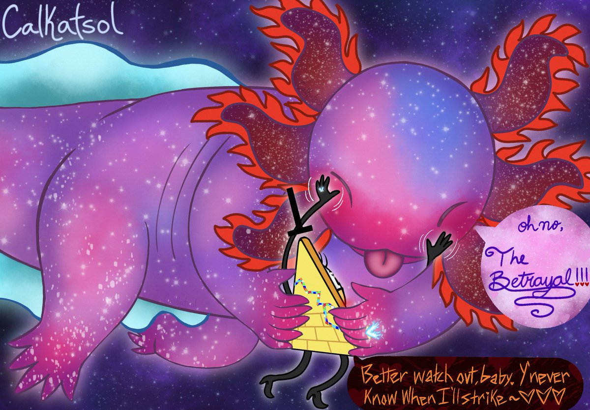 Calkatsol's tweet photo. #LoveDealAU, an #Axobill AU where the Axolotl tricked Bill Cipher into a handshake during a particularly steamy encounter, sealing their fate as lovers.
Bill was very impressed and found this to be very romantic! https://t.co/PMtVCituWq