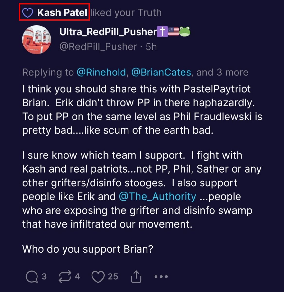 Redpill_Pusher's tweet photo. Wow, .@AlexisWilkins, the girlfriend of .@POTUS APPOINTED FBI Director, .@FBIDirectorKash, just called out the #FlynnNetwork and brought the receipts!!!
ICYMI, Kash has liked several of my posts calling out the network...as has Devin and Alexis.
Great job Alexis!!!
🔥🔥🔥 https://t.co/SIVoAVmIwL
