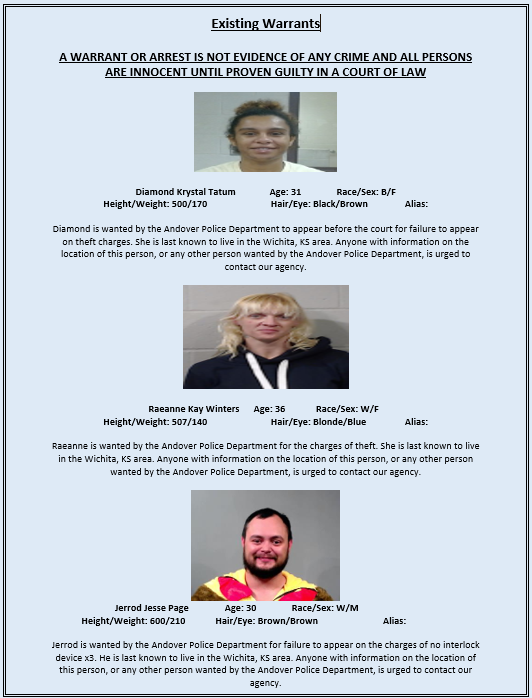 AndoverKSPD's tweet photo. Those arrested are presumed innocent until proven guilty in a court of law. Anyone with information about crimes in our area are encouraged to contact the Andover Police Department at (316) 733-5177 https://t.co/XiUy0WpuUz