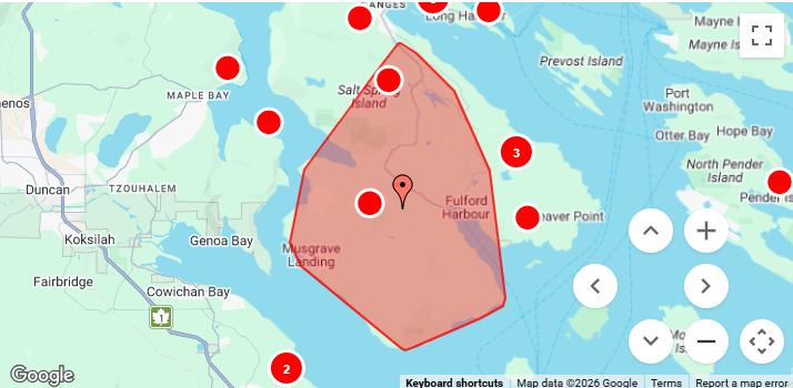 bchydro's tweet photo. We're aware of an outage affecting 1,388 customers near Ganges and #SaltSpring. Updates will be available on our site here: https://t.co/IIkHuzDBEj https://t.co/iQprZKROtx
