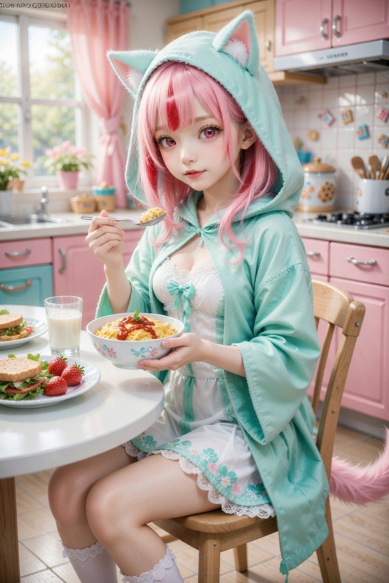 もうすぐご飯の時間よ！
しっかり食べないと痩せちゃうよ？
おやつは3時！がまんできないでしょ？

#AIイラスト #御先