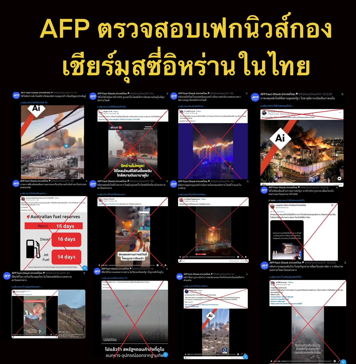 มีคนถามว่าอิหร่านแพ้สงครามแล้วทำไมถึงมีภาพอิหร่านโจมตีที่โน่นที่นี่เต็มไปหมดหล่ะ

คำตอบก็คือ ภาพหรือคลิปที่คุณเห็นกองเชียร์มุสซี่อิหร่านเอามาลงนั้น ร้อยละ 90 คือเฟกนิวส์ไงครับ
 
AFP ประจำประเทศไทยเขาทำ fact check เปิดเผยภาพหรือคลิปที่กองเชียร์พวกนี้เอามาลงให้เห็นว่าเป็นภาพ AI