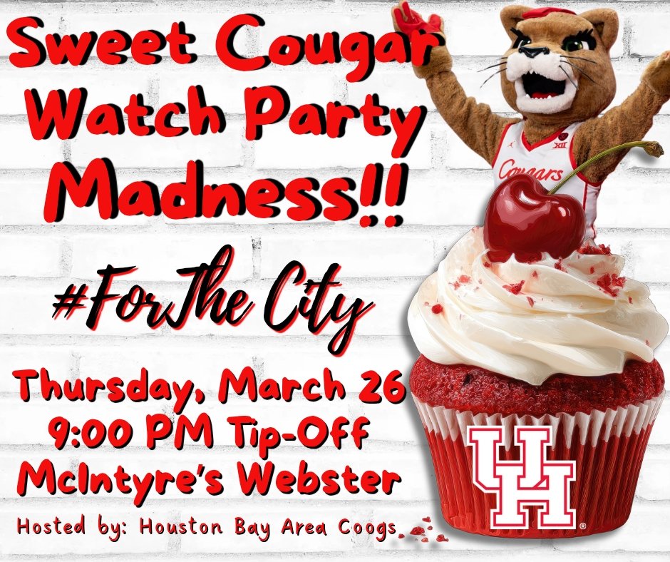 🍬Sweet Cougar Watch Party🍬
Can't make Toyota Center? We get it. Come cheer w/ the Bay Area Coogs. We'll be at McIntyre's Webster. Go Coogs!
#ForTheCity #GoCoogs #Coogs #Sweet16 #MarchMadness
<a href="/houstonalumni/">University of Houston Alumni</a> <a href="/UHouston/">University of Houston</a> <a href="/UHCougarMBK/">Houston Men's Hoops 🏀 🐾</a> <a href="/UHCougars/">Houston Athletics</a>