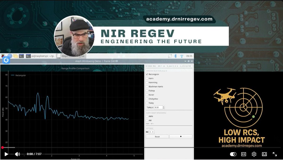 drnirregev's tweet photo. Windowing in radar is always a trade-off. 

Suppress sidelobes, lose resolution. Keep resolution, drown in sidelobes.
We built something at AlephZero (א₀) that challenges that assumption.
Our AW windowing technique fuses the resolution preservation of the rectangular window with (almost) the sidelobe attenuation of classical windows like Hanning and Blackman-Harris. The mainlobe stays narrow. The sidelobes go down.
In this demo I ran it live on a 60 GHz radar scanning my office with corner reflectors. The test that tells the story: two targets placed about 7 to 10 cm apart. Blackman-Harris merges them into a single wide blob. Our AW window resolves both cleanly, with sidelobes still well attenuated.
This is production IP that we license. If resolution and sidelobe performance both matter in your product, let's talk.
Full demo video: https://t.co/nK35oPcNZj

If you're an engineer who wants to go deeper on the signal processing behind windowing, spectral analysis, and FMCW radar design, check out the Regev Radar Academy where we break this down with real data and hands-on labs: https://t.co/UMSWmcUhiu