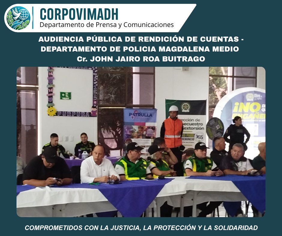 Corpovimadh's tweet photo. Desde CORPOVIMADH participamos en la Audiencia Pública de Rendición de Cuentas del Departamento de Policía Magdalena Medio llevada a cabo el día 24 de marzo de 2026, un espacio fundamental para el ejercicio de la transparencia y el control social. https://t.co/auFGPEJJiN