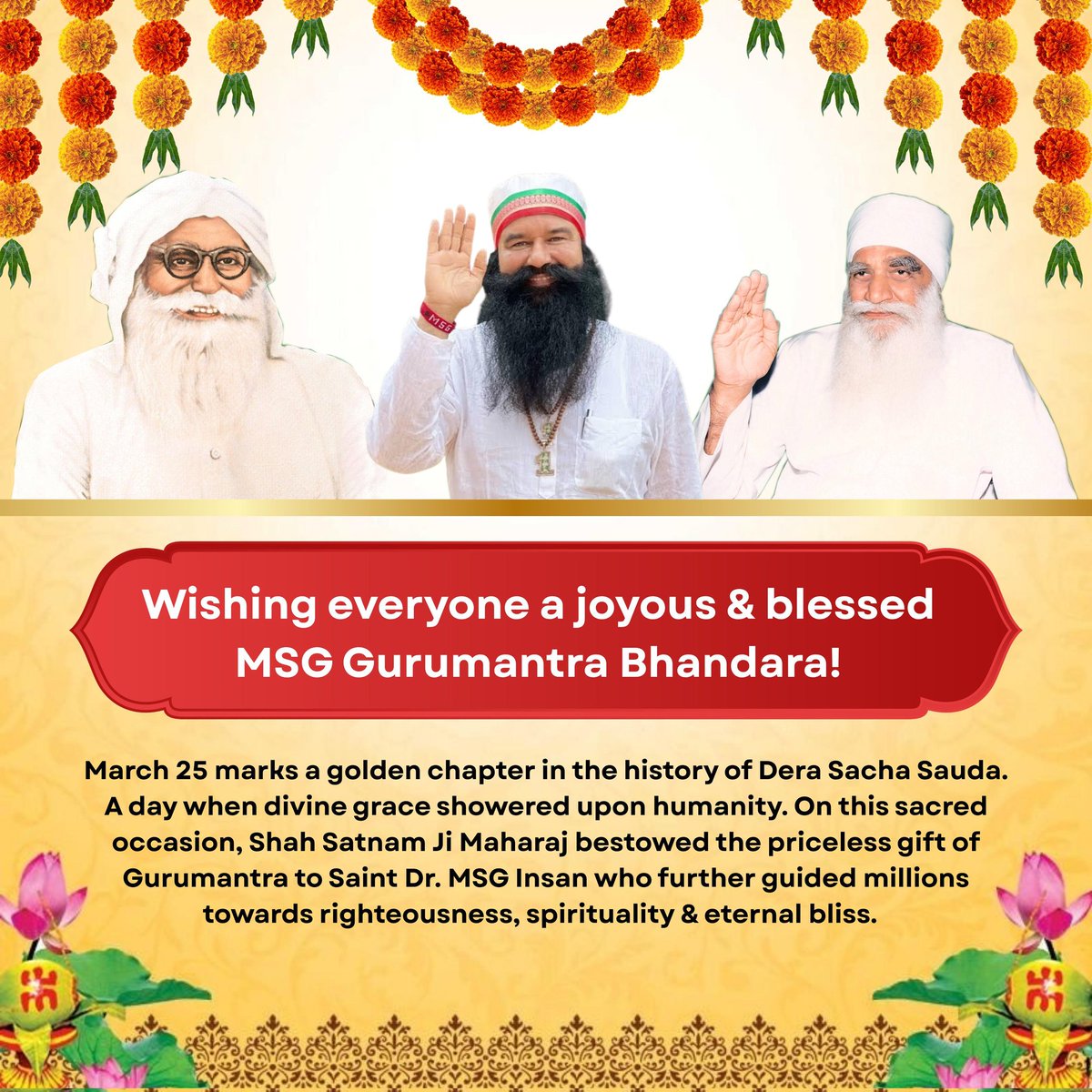 neetuvermainsa's tweet photo. #MarchSpecial Completion of Holy trinity, that blessed the cosmos infinitely, moments of celebration and divine elation, wishing you all millions of congratulations. Happy #MSGGurumantraBhandara of Saint Ram Rahim Ji to all https://t.co/87PsJCWWIO