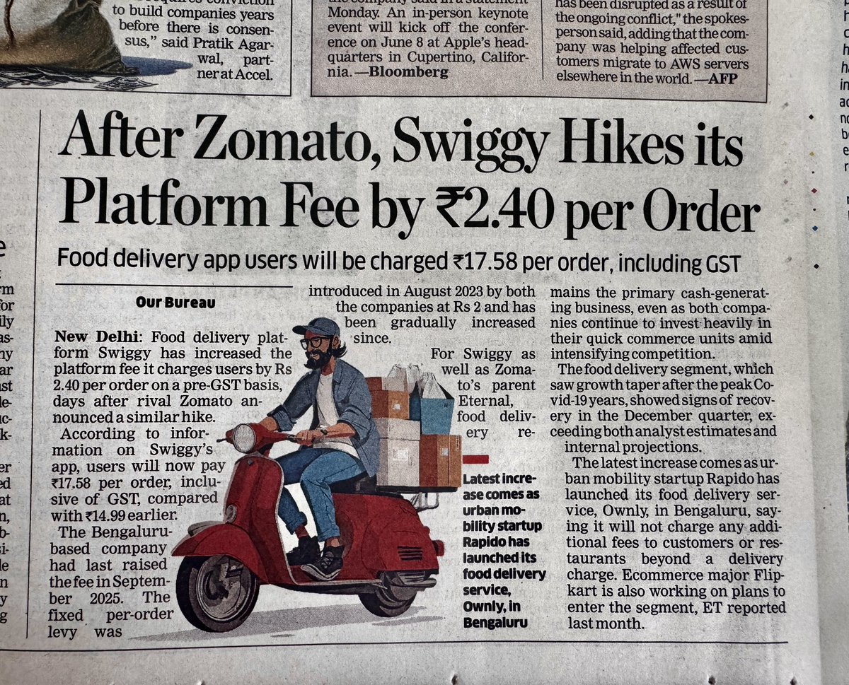 sjlazars's tweet image. Swiggy now hikes its platform fee by ₹2.40 per order, following the cue from @zomato 

India is a land of duopolies &amp;amp; @Swiggy &amp;amp; Zomato control 90% of the food delivery segment. 
Here’s wishing @RapidoCares good luck in the delivery space. #food #delivery