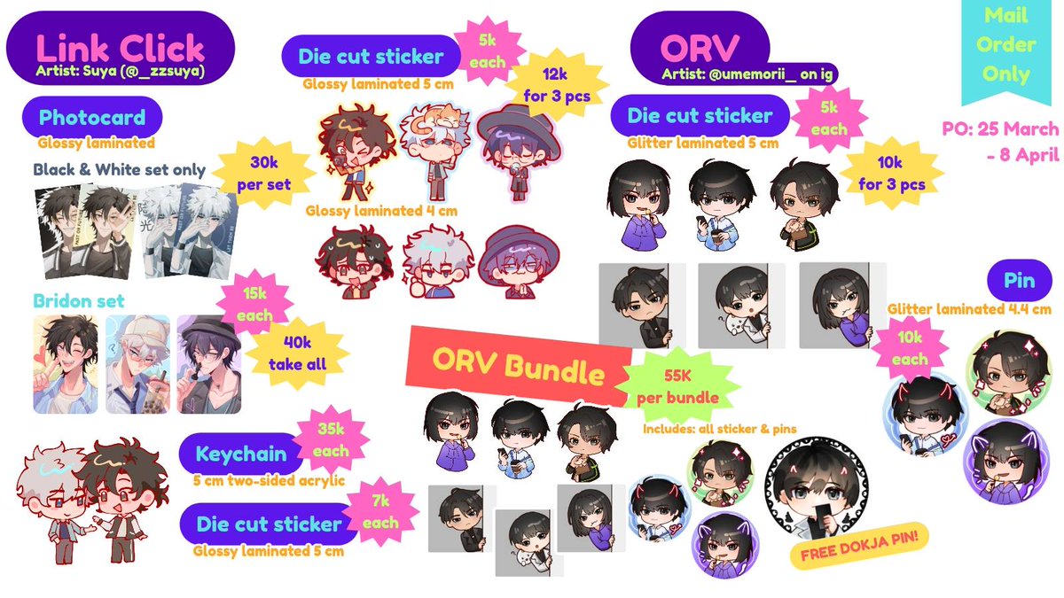 _zzsuya's tweet image. [ ♡ &amp;amp; ↺ are appreciated]

MAIL ORDER MERCH (...buat danus kuliah) IS OPEN ‼️
🗓️PO period: 25 Maret - 8 April
🌷JotForm: form.jotform.com/260815303255047
📝GI, HSR, LADS, Aikatsu, RE, FNAF, Gravity Falls, H2H, GMMTV, Aespa, Hoppers, Link Click, ORV, PANDAVVA, Originals

(1/2)