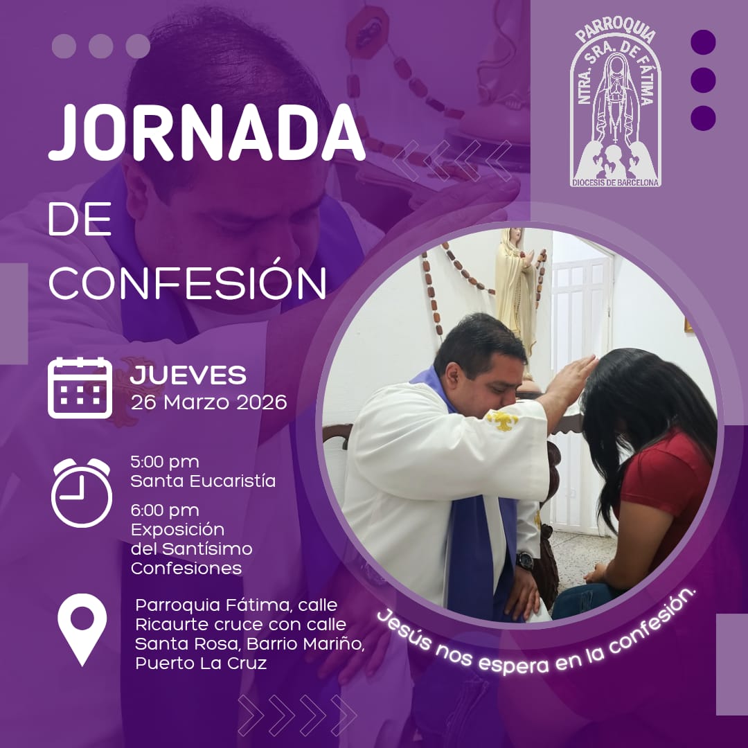 pfatimaplc's tweet photo. ¡Jesús te espera con los brazos abiertos! 🕊️ Este jueves 26/03 en la Parroquia Fátima: 🕔 5:00 pm - Eucaristía (Pbro. Israel Cedeño) 🕕 6:00 pm - Jornada de Confesiones
"Si confesamos nuestros pecados, Él es fiel y justo para perdonarnos" (1 Jn 1,9). 
#Confesión #Reconciliación https://t.co/xT0mlMc8Ia