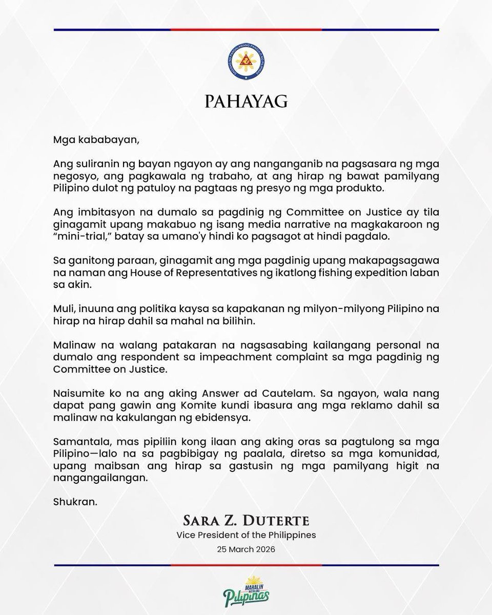 jonJ_ilobela's tweet photo. My take ON VP Sara's  PAHAYAG 25 March 2026
PUBLIC SERVICE IS NOT SELECTIVE

The highest form of public service is not choosing where to show up.
It is respecting and abiding by the Constitution of the Philippines, especially when it is inconvenient.

The Constitution is clear: public officials are accountable to the people at all times.

The Constitution does not explicitly require the Vice President to personally attend House Committee on Justice hearings. However, active engagement with the impeachment process , rather than outright refusal to participate, is generally seen as integral to demonstrating respect for constitutional accountability mechanisms.

You cannot claim to serve the people while refusing the very process designed to ensure transparency, truth, and accountability.

Calling it a “fishing expedition” does not remove the obligation.
Skipping proceedings does not strengthen your defense, it weakens public trust.

If there is nothing to hide, then the proper response is simple: face the process, present the evidence, and let the truth stand.

Public service is not just about programs, ayuda, or presence in communities.
It is also about upholding institutions, respecting due process, and honoring the Constitution, fully, not selectively.

Because in the end,
the Constitution is the people.

#PAHAYAG