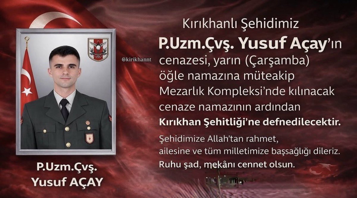 kenankiltr's tweet photo. #YusufAçay 
Şehidimiz var 🇹🇷
#Hatay🇹🇷
 #Kırıkhan🇹🇷
Rabbim Şehadetini kabul eylesin inşallah.Ailesine ve yakınlarına sabırlar baş sağlığı diliyorum.🇹🇷🇹🇷 https://t.co/TR53itPo6s