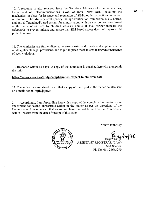 InformedAlerts's tweet photo. NHRC has written to the Ministry of Electronics and IT over alleged violations of the DPDP Act concerning children’s data.

Key concerns:

- No systems to track children’s data transfers
- Weak grievance redressal

This signals increasing regulatory scrutiny in India.
Source: ANI https://t.co/GYfZFv2gjc