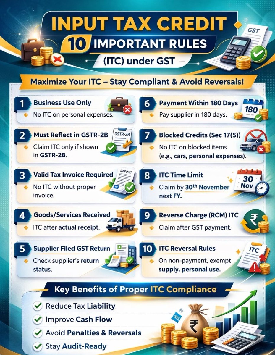 CANITINCHAWLA's tweet image. Input Tax Credit -

10 Important Rules Under GST .

Follow the Tax Talk with CA Nitin Chawla A.C.C.A channel on WhatsApp: 👇🔥👇 whatsapp.com/channel/0029Vb…

#Gst
#GstIndia
#TaxUpdates
#InputTaxCredit