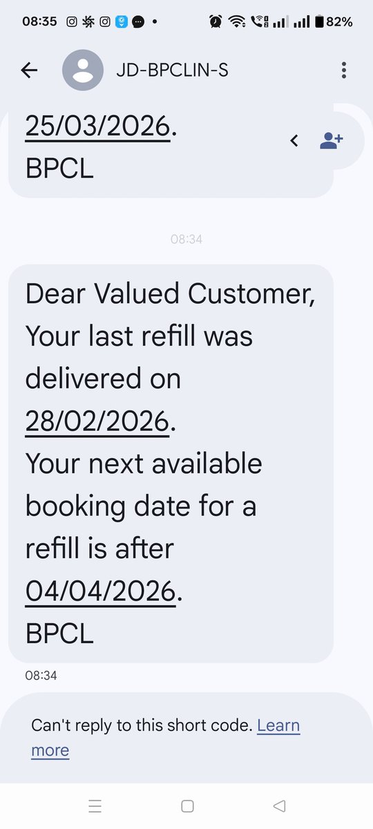 sumitsharma1900's tweet photo. @BPCLLPG 

Dear BPCL,

I am unable to book my Gas cylinder. Your automatic online booking initially told to book on 25 Mar 26 and now told me to book again on 4 April 26 https://t.co/chkXuzD6A2