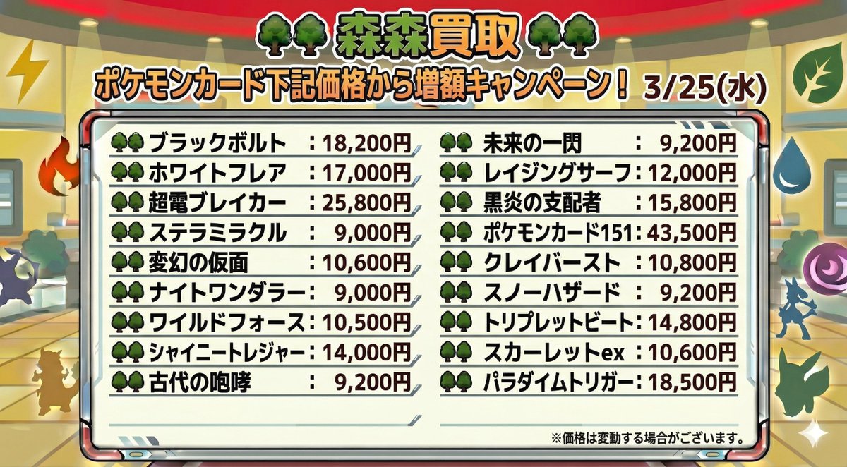 morimori_houjin's tweet photo. 📢【🌳🌳本日限定ポケカ買取 RT＋引用キャンペーン🌳🌳】3/25（水）
🌳⚡Xで「森森ポケカ最高」と引用RTで+200
✅ 在庫が集まり次第終了📦💨
✅ 店頭・郵送どちらもOK！

🌳🌳 ブラックボルト：18,200円
🌳🌳 ホワイトフレア：17,000円
🌳🌳 超電ブレイカー：25,800円
🌳🌳 ステラミラクル：9,000円
🌳🌳 変幻の仮面：10,600円
🌳🌳 ナイトワンダラー：9,000円
🌳🌳 ワイルドフォース：10,500円
🌳🌳 シャイニートレジャー：14,000円
🌳🌳 古代の咆哮：9,200円
🌳🌳 未来の一閃：9,200円
🌳🌳 レイジングサーフ：12,000円
🌳🌳 黒炎の支配者：15,800円
🌳🌳 ポケモンカード151：43,500円
🌳🌳 クレイバースト：10,800円
🌳🌳 スノーハザード：9,200円
🌳🌳 トリプレットビート：14,800円
🌳🌳 スカーレットex：10,600円
🌳🌳 パラダイムトリガー：18,500円

上記対象商品をお申込みの際、コメント欄に
「森森ポケカ最高」とご記入いただくだけで…
🎉 買取単価がさらに🌳⚡＋200円UP⚡🌳！！ 🎉
🎉 買取単価がさらに🌳⚡＋200円UP⚡🌳！！ 🎉
🎉 買取単価がさらに🌳⚡＋200円UP⚡🌳！！ 🎉
⚠️ 本キャンペーンは 引用RTしていただいた方限定 の特典です！お見逃しなく！
🌟 今だけの特別買取価格！在庫が集まり次第終了となります 🌟
✅ 店頭・郵送OK！
✅ 現金対応あり！
✅ 在庫が集まり次第終了しますので、お早めに！
📉 ※相場は常に変動しております。最新の買取価格は公式HPにてご確認ください✅
🤝 業者・大口相談OK！
📲他社対抗💪 遠慮なくご相談ください！

👇 詳細・最新価格表はこちら
🔗 https://t.co/oIIHC3wHvp

#ポケカ #ポケカ買取 #ポケモンカード #ポケモンカード買取  #森森買取 #TCG #ポケカ高騰 #ポケモンカード買取強化　#秋葉原 #ポケットカード買取　#大口　#ポケモンカード高額買取   #熱風のアリーナ #超電ブレイカー #メガシンフォニア #ロケット団の栄光 #クリムゾンヘイズ #ブラックボルト #黒炎の支配者　#メガムニキスゼロ　#メガドリーム #インフェルノX #ニンジャスピナー