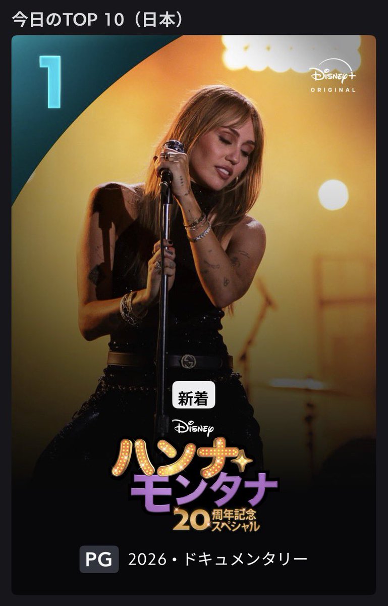 MileyCyrus_JPN's tweet photo. 日本のDisney+で今日最も観られた映像作品1位に「ハンナ・モンタナ20周年記念スペシャル」が堂々とランクインしました。

#ハンナ・モンタナ20周年 https://t.co/pW8bM3rWbF