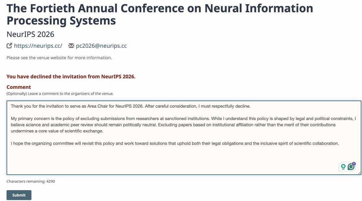 DerekHsiang's tweet photo. I've declined my invitation to serve as Area Chair for NeurIPS 2026. Excluding researchers based on institutional affiliation rather than the merit of their work sets a troubling precedent. https://t.co/slP6klz2Zw