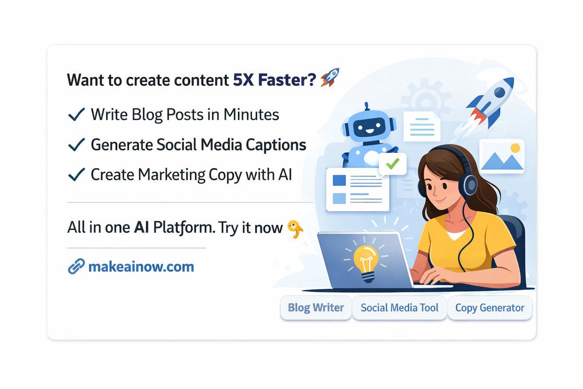 makeainow's tweet photo. Creating content shouldn’t take hours.

AI tools can now help you write blogs, captions, and marketing content in minutes.

Try it here 👇
https://t.co/6gPooy0qaR
#AITools   #ContentCreators  #DigitalMarketing https://t.co/08SAqIfCO3