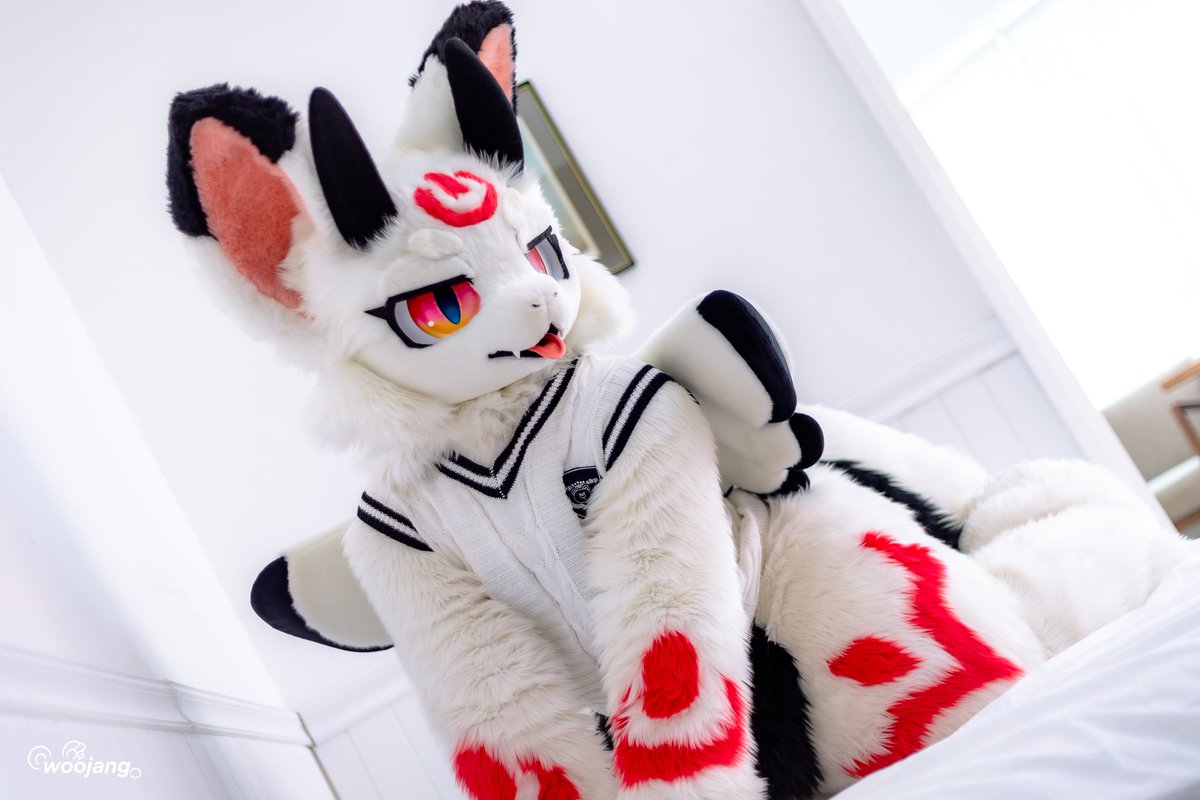 YN971106's tweet photo. 🤍🖤♥️
침대에 무사 착지!
ベッドにぽすんっ〜！🥰
降落在床上～😆
♥️🖤🤍

#Fursuit #YoonDragon https://t.co/OfpZYPNIBE
